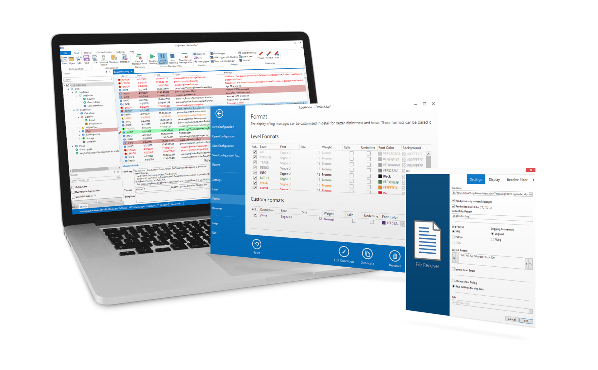 Several Log4View views for analysis and configuration