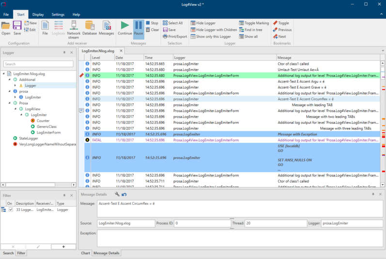 Log4View interface with ribbon, logger tree and message view